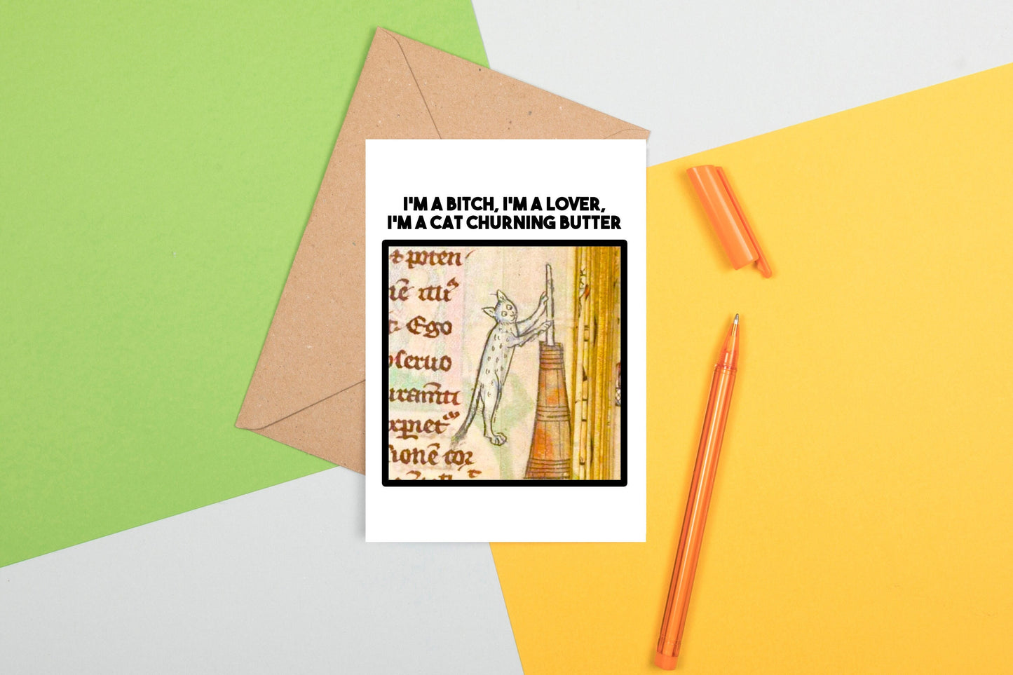 Funny Medieval Art Greeting Card - Cat Churning