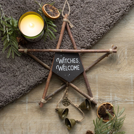 30cm Witches Welcome Pentagram Sign with Bells