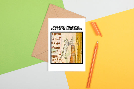 Funny Medieval Art Greeting Card - Cat Churning